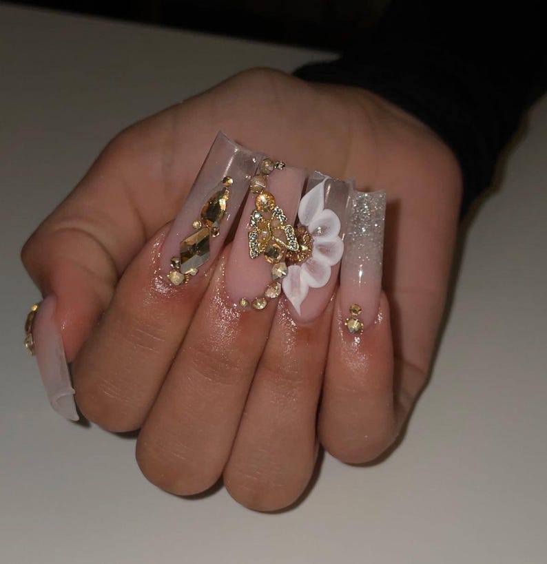 Handmade 3D White Flower & Gold Rhinestone Luxury XL Square Press On Nails | Elegant Bridal Fake Nail Gems Bling Nail Art For Wedding