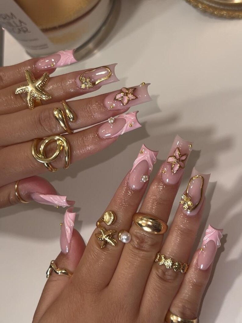 Luxury Pink French Tip Press On Nails | Gold Accent Floral Nail Art | Classy Long Fake Nails | 3D Flower, Pearl & Gem Press Ons