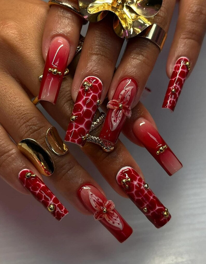 Red Floral Fall Press On Nails | 3D Flower & Gold Bead Nail Art | Glamorous Handmade Coffin Nails | Statement Red Luxury Press Ons