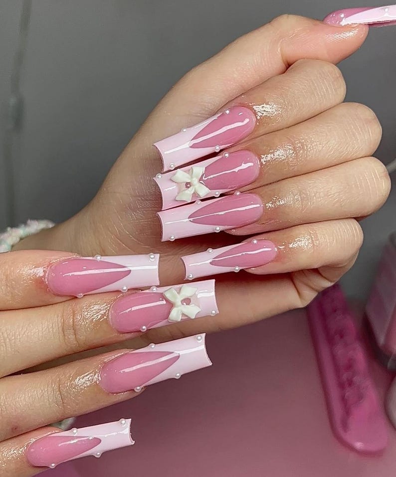 Pink Polka Dot Press On Nails | Long Square Kawaii Bow Pearl Nails | Pink French Tip Cute Spring Set | Valentines Press On Nails