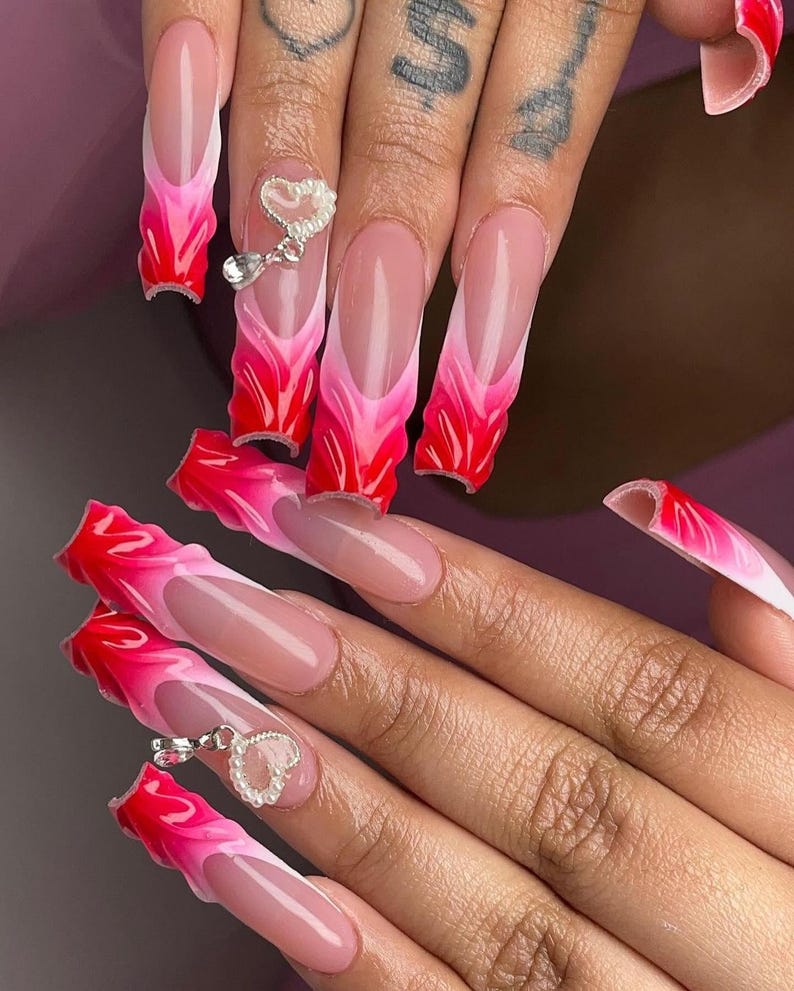 Pink Ombre Heart Charm Press On Nails, 3D Heart Nails, Valentine Nails, Glossy Pink French Tip Nail Set