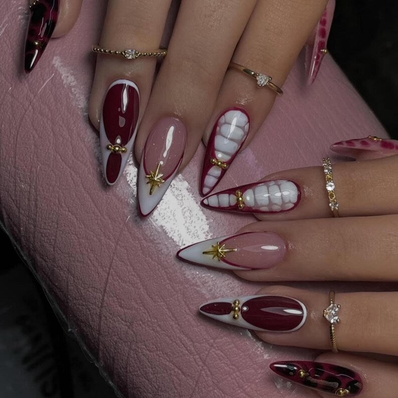 Luxury Burgundy Press On Nails | Elegant Red Ombre Fake Nails | Wine Red Nail Art | French Tip Nail Art | Elegant Nails | Handmade Nails