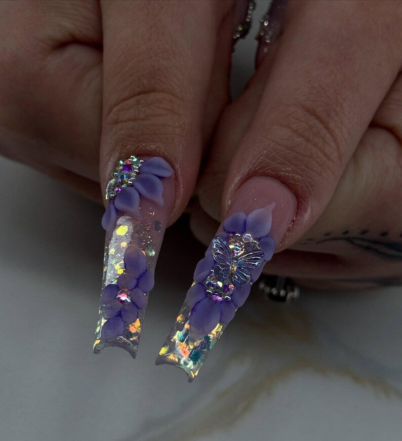 Purple Floral Press On Nails | Ombre Coffin Fake Nails | Luxury 3D Flower Butterfly Rhinestone | Y2K Nails | Photoshoot Editorial styling