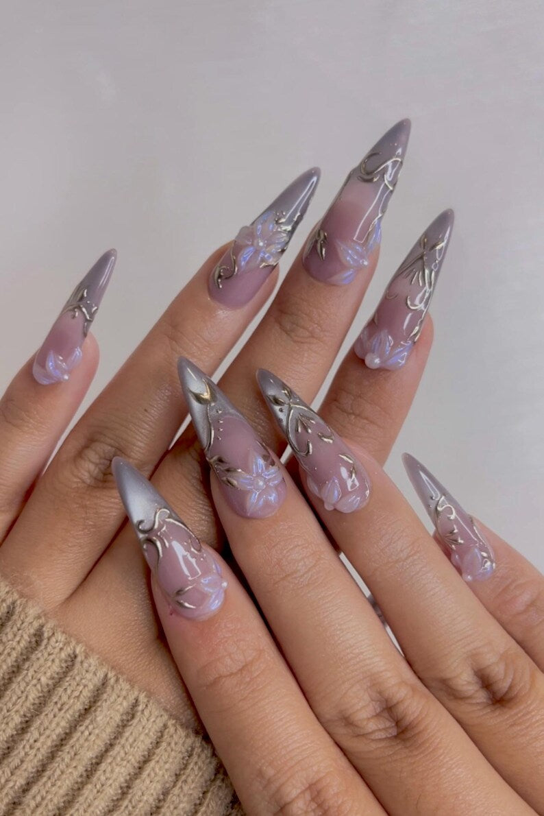 Spring Floral Elegant Press On Nails | Lavender Smoke French Tips Nail Art | 3D Floral Pearl Nails | Elegant Silver Filigree Design
