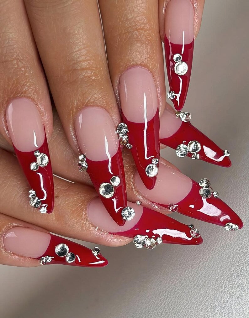 Luxury Red French Tip Press On Nails with Crystals, Nude Pink Nails, Luxury Valentine Nail Set, Elegant Valentine Gift, Handmade Glam Nails