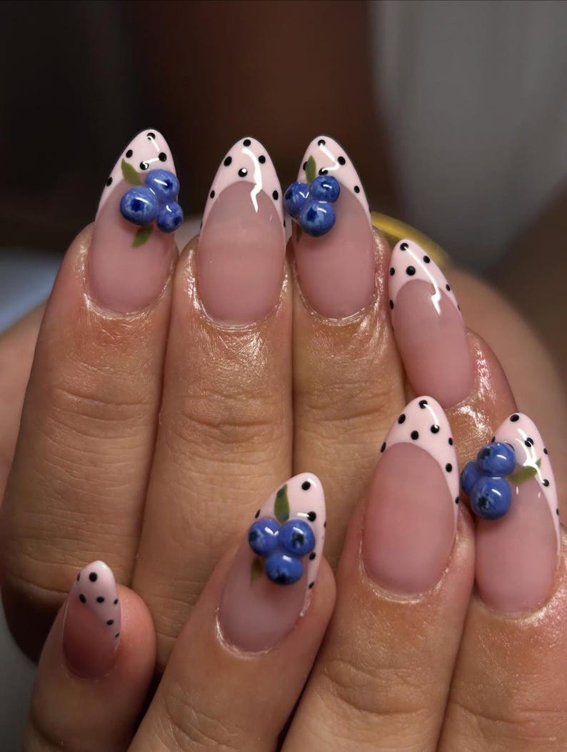 Cute Blueberry Press On Nails, Pastel Pink Almond Nails with Polka Dot French Tips and 3D Blueberry Nail Art, Cute nails