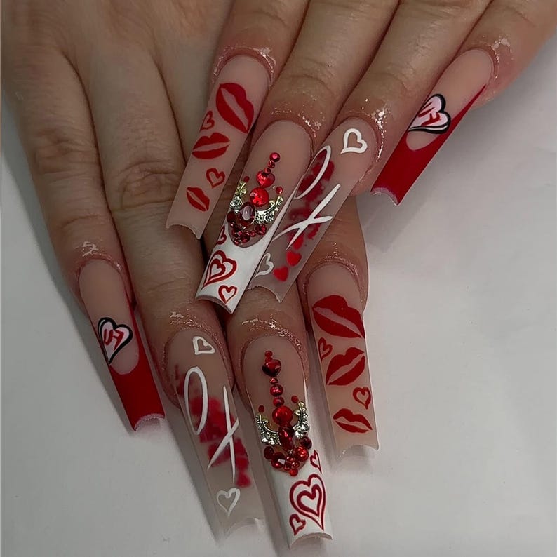 Valentine XO Heart Press-On Nails | Luxury Red XO Nail Art | Valentine’s Love Theme Nails | Elegant Red Kiss Nails | Romantic Design