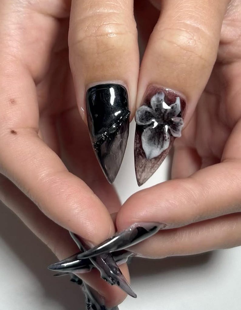 Gothic Dark Flower Press On Nails | 3D Pink Floral & Dark Marble Design | Black Clear Stiletto Nails | Handmade Grunge Flower Nails