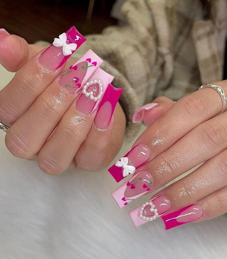 Pink Cherry Bow Press On Nails, 3D Bow Heart Nails, Valentine Nails, Glossy Pink French Tip Nail Set