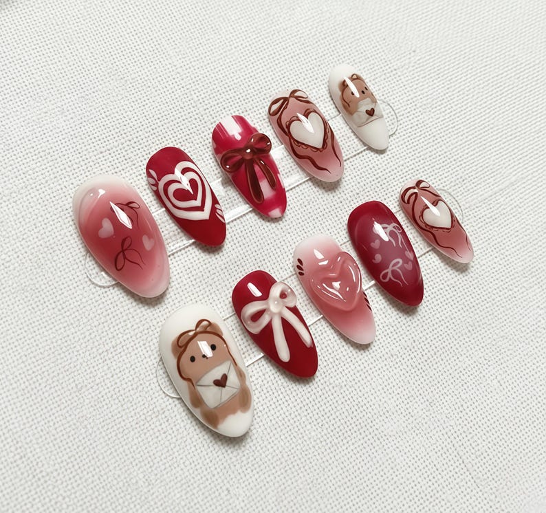 Valentine Brown Bear Heart Press On Nails, Red Pink Almond Set with Cute Bear Art, Love Hearts, Bow, Cute Coquette Nail Box for Dates, Gifts