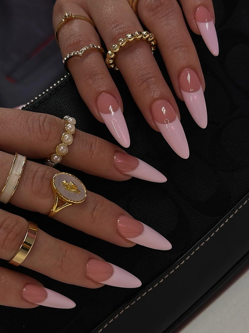 Baby Pink French Tip Press On Nails | Long Almond Minimalist Pink Nails | Elegant Daily Wear Set | Valentines French Tip With Pink Base