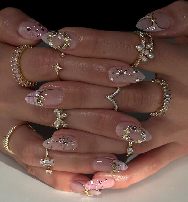 Valentine Gold Bow Press On Nails, Baby Pink Base Nails with 3D Gold Charm, Romantic Coquette Style Handmade Nails, French Tip Nails