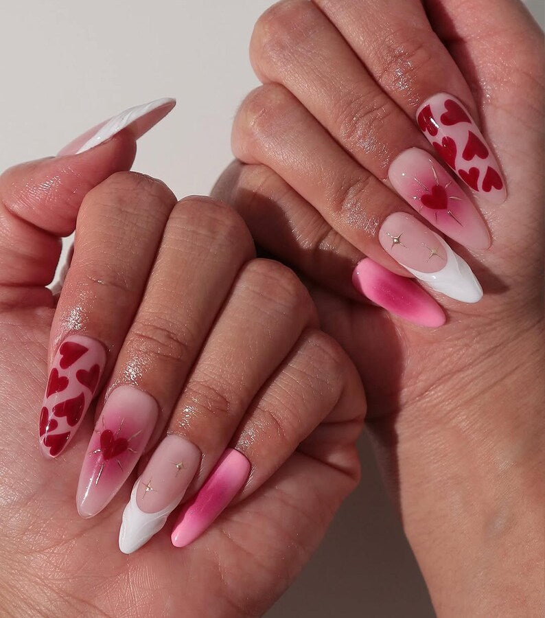 Valentine's Day Heart Press-On Nails | Pink and Red Heart Design | Handcrafted Love-Themed Nails for Valentine's Day | Romantic Nail