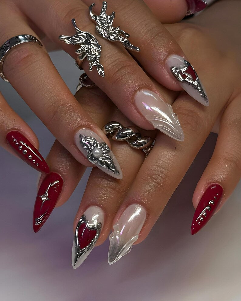 Luxury Red Press On Nails, 3D Heart Design Fake Nails, Red & Silver Luxury Nail Art, Modern Handmade Statement Nail Set, Gothic Nails
