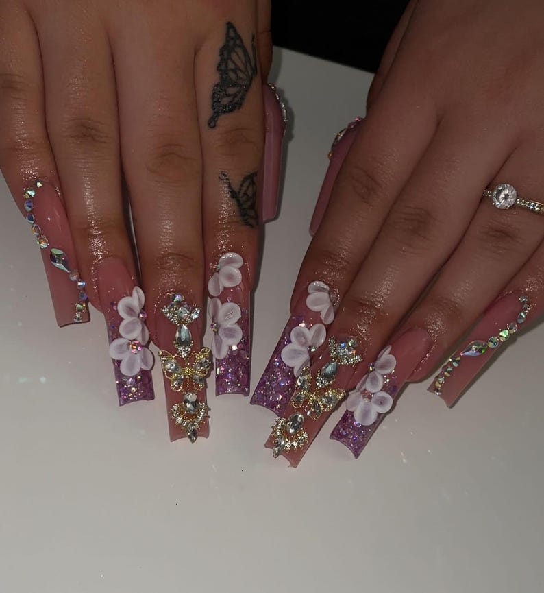 Bling 3D Flower Luxury Mauve & Purple Glitter Long Square Press On Nails | Crystal Butterfly Nail Gems | Luxury 3D Floral Nails For Bridal