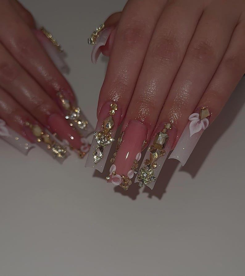 Hand-Painted 3D Flower Luxury Pink and White XL Square Press On Nails | Gold Crystal Bling Bridal Nails | Handmade Prom & Wedding Nail Art