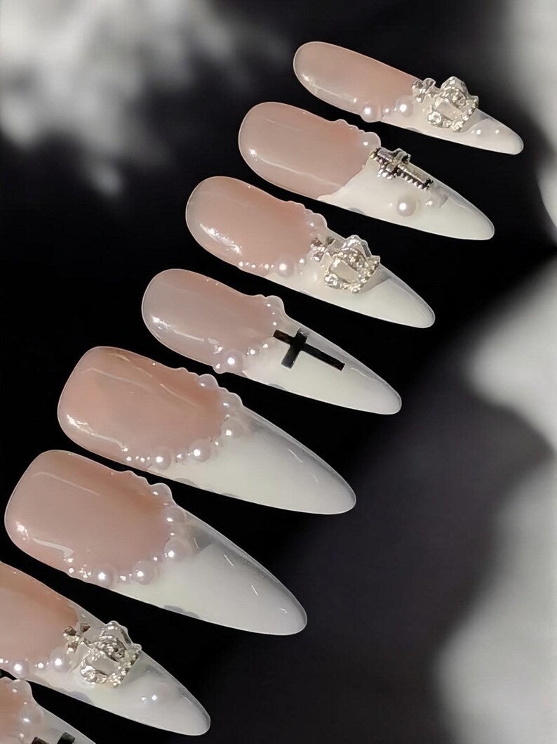 Handmade Pearl Cross Press On Nails: Edgy French Tip Nail Art