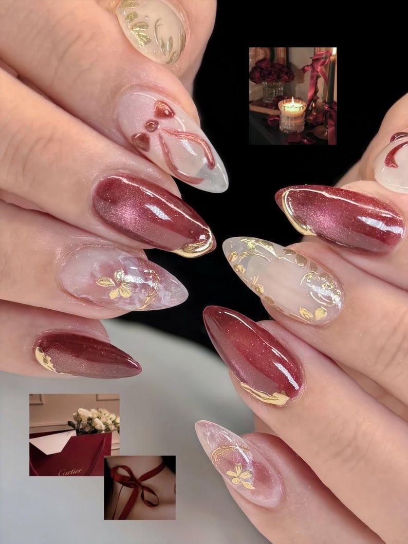 Crimson Romance Valentine Press On Nails | Red Velvet Nails | Gold Bow & Floral Nail Art| Elegant Luxury Nail| Short Press On Nails