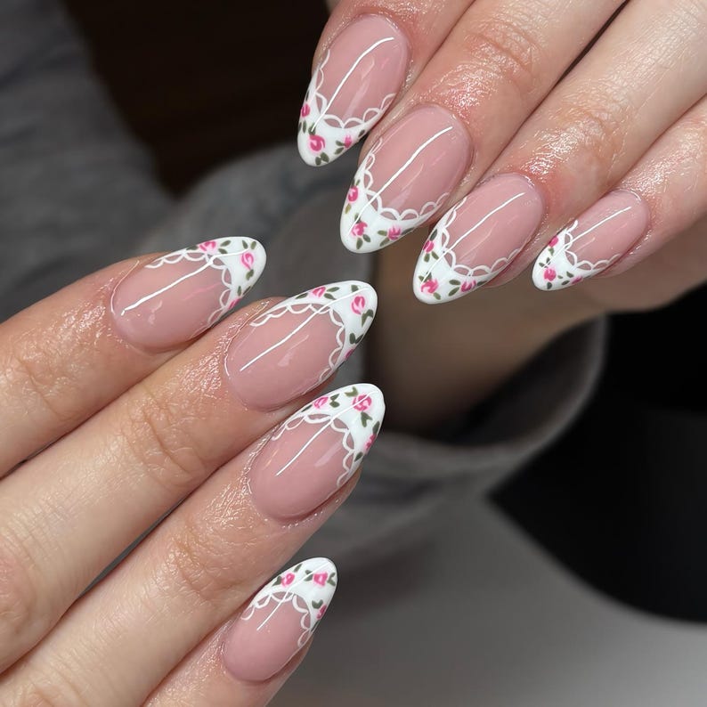 Floral Lace French Press On Nails, Soft Pink Romantic Nails with Hand Painted Rose Tips, Elegant Coquette Nail Set, Pink French Tips Nails