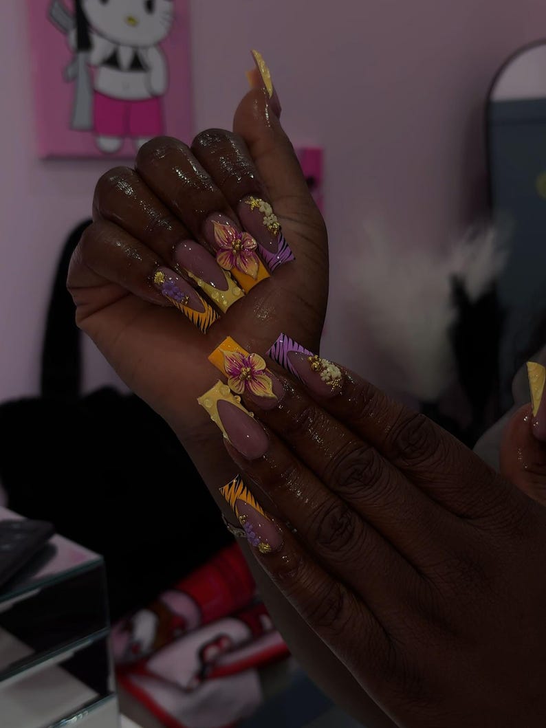 Orchid Zebra Press On Nails | Medium Square French Tip Nails | Yellow Purple Floral Nail Art | Elegant Statement Press Ons | Girls Night Out