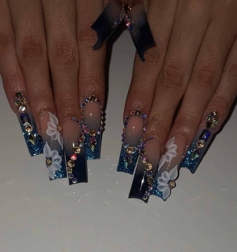 Elegant 3D Flower & Navy Blue Ombre XL Square Press On Nails | Luxury Sparkling Midnight Ocean Fake Nails with Rhinestones for Party, Event