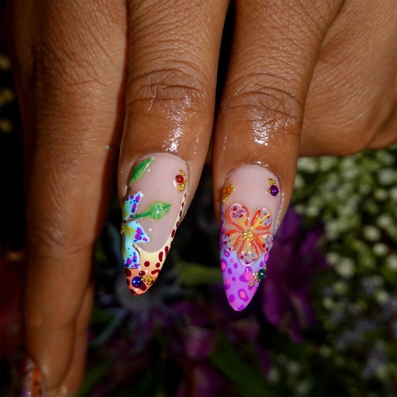 Vibrant 3D Butterfly Press On Nails | Bold & Colorful Fake Nails | Handmade Floral Nail Art | Garden-Inspired Almond Nails | Luxury