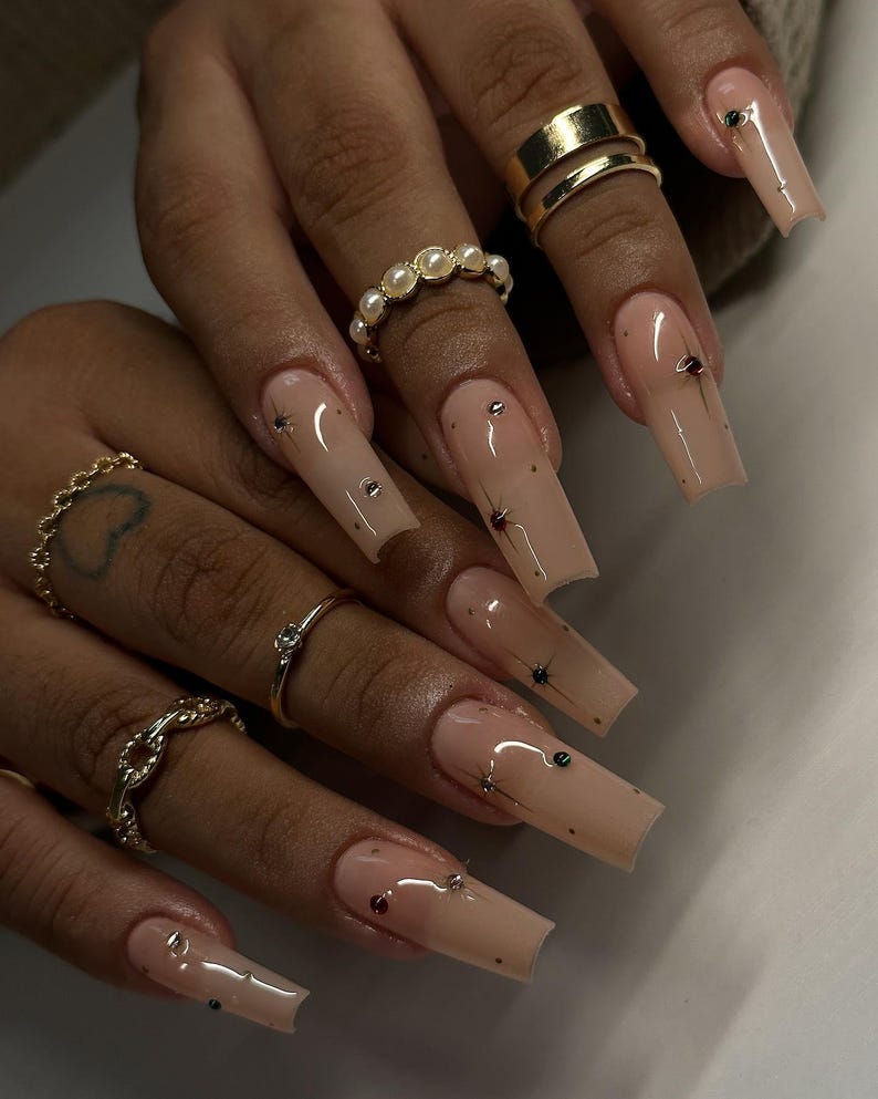 Nude Cat Eye Press On Nails | Long Square Stiletto 3D Gold Chrome Star Bling Nails | Cute Birthday Daily Nails | Pearl Customized Style