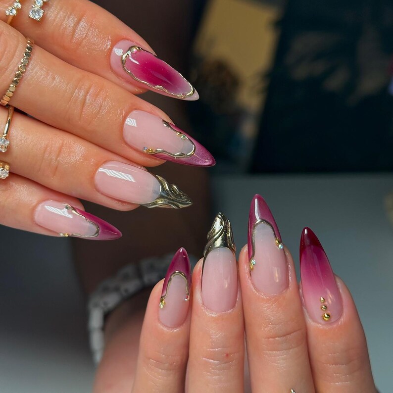 Fairy Red Blush Purple Pink Cat Eye French Tips Press On Nails | Long Almond Ballerina Nails | Valentine Nails | French Tip Ombre Nails