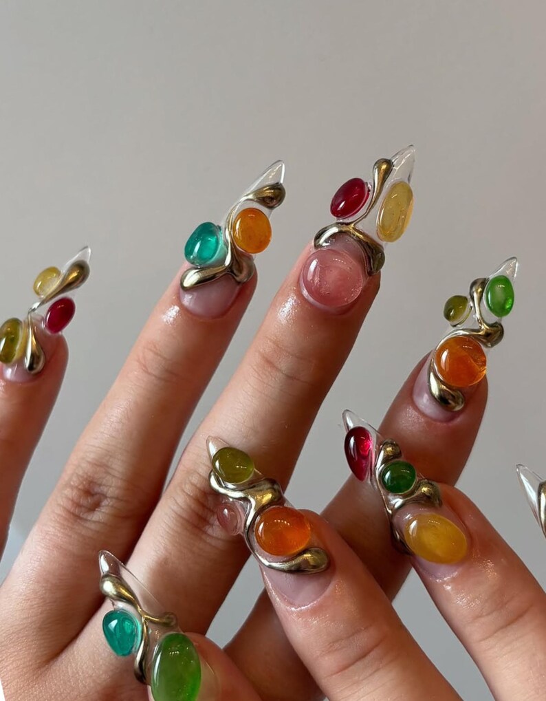 Gemstone Fantasy Press On Nails | Sculptural Jelly Chrome Nail Set | 3D Mineral Stone Nail Art | Futuristic Rainbow Nails