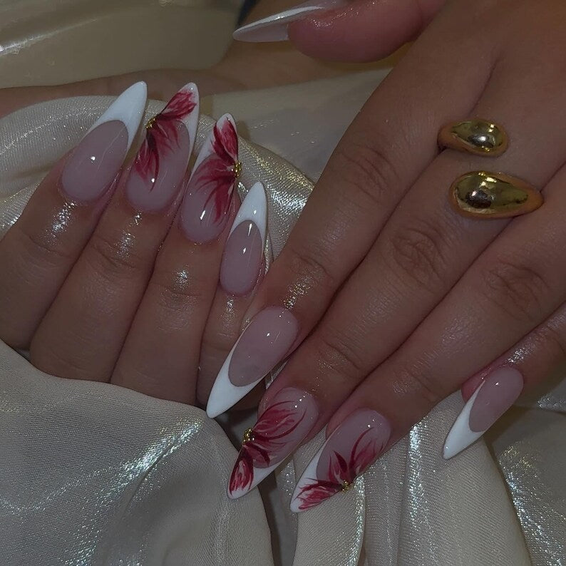 Hand Painted Floral French Press On Nails | Red Flower French Tip Nails | Acrylic Stiletto Fake Nails | Elegant Nail Art Wedding Nails