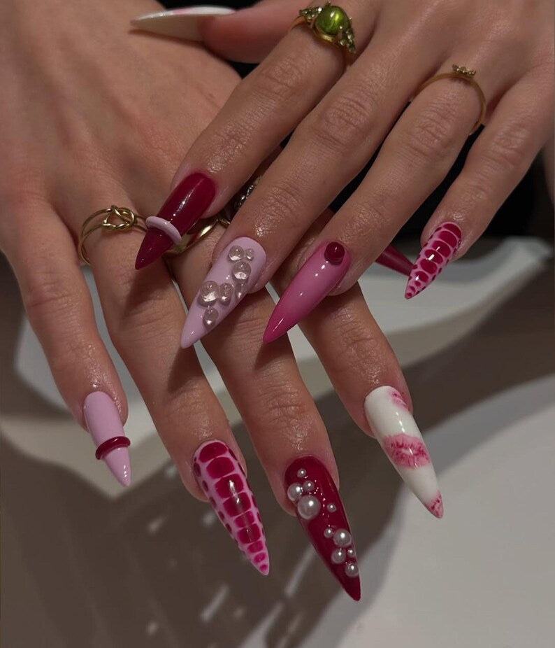 Gothic Glam Press On Nails | 3D Red Pink Chain Nail Art | Handmade Edgy Croc Texture Nails | Dark Romance Stiletto Nails | Y2K Nails