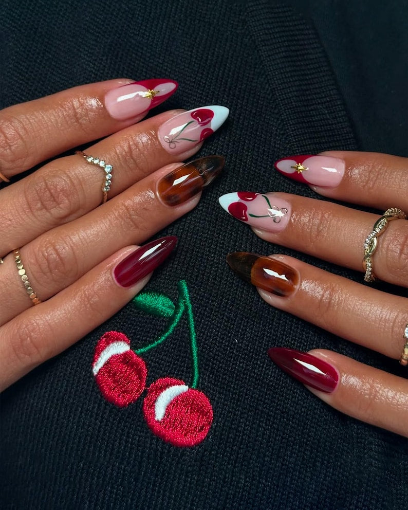 Red Cherry Press On Nails, Romantic Valentine Nails Press on, Cute Cherry Nail Art with Tortoise Design, Brown Nails, Cute nails, Fake Nails