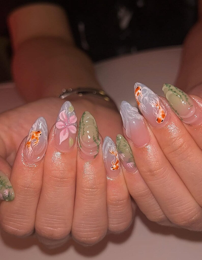 Green Koi Pond Press On Nails | 3D Floral & Fish Nail Art | Green Nature Inspired Nails | Handmade Press Ons | Artistic Garden Nails