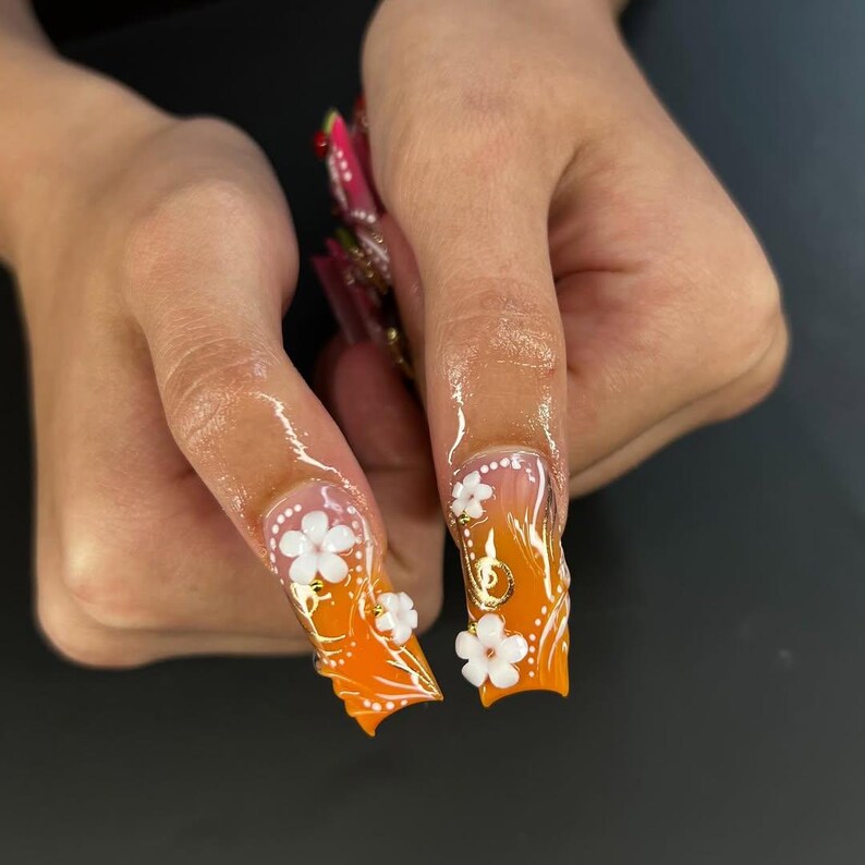 Tropical Floral Press On Nails | 3D Tropical Flowers Nail Art | Vibrant Ladybug Design Fake Nails | Bold Tropical Kawaii Nails