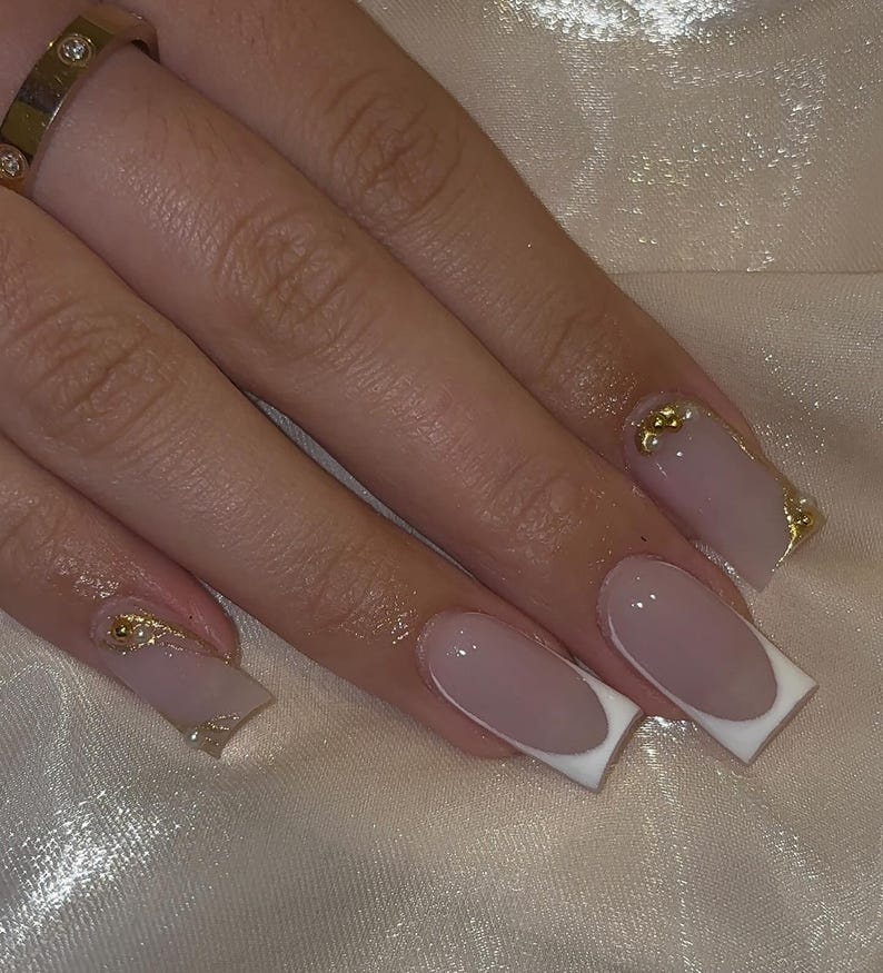 Everyday French Tip Press On Nails | Neutral Pink Base with White Tips | Gold And Pearls Accent Nail Art | Handmade Glue On Fake Nails