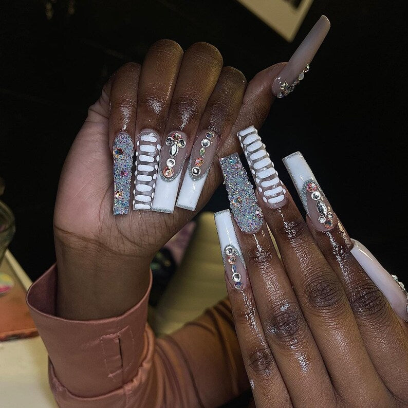 Striped Gemstore Texture Press On Nails | 3D White French Tip & Croc Effect Nails | Bling Neutral Long Nail Set | Elegant Textured Nails