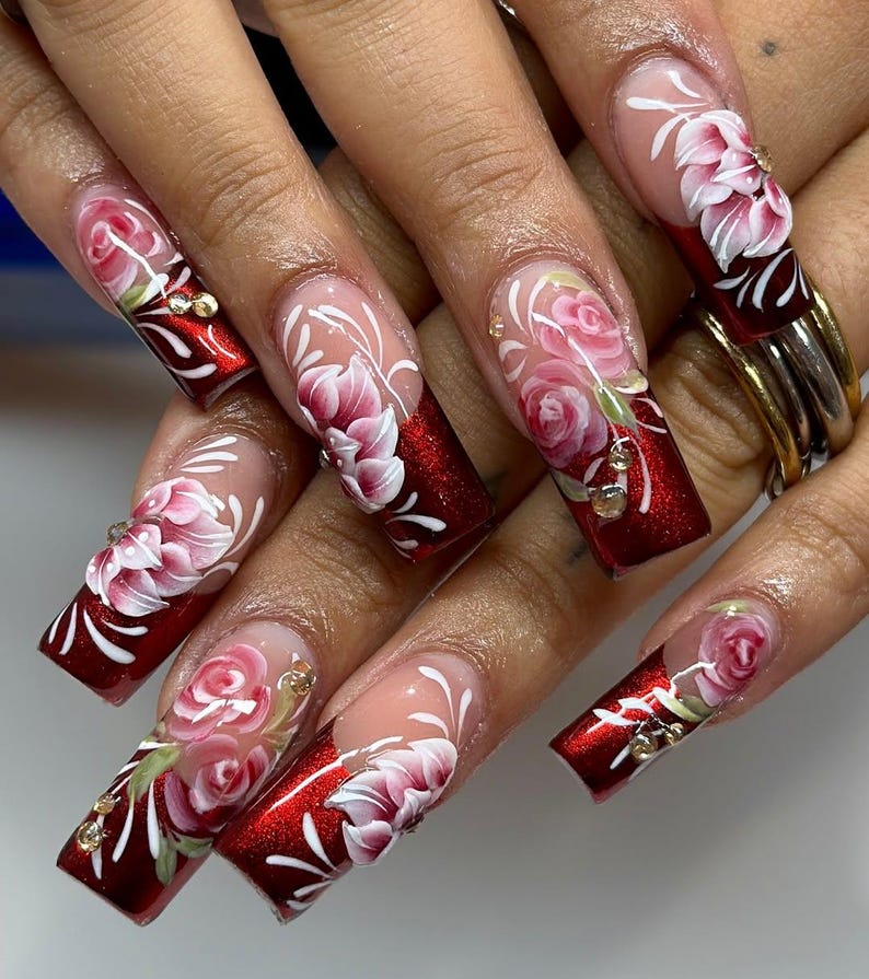 Burgundy Floral Press On Nails | 3D Rose Nail Art with Gems Nails | Floral Handpainted Rose Nails | Floral Wedding Press Ons