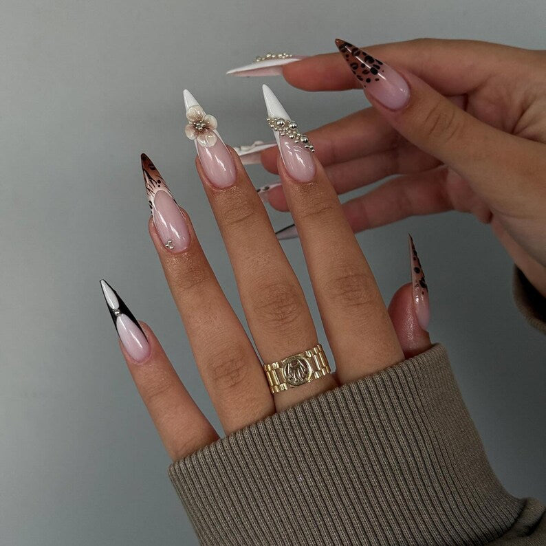 Brown Leopard Fall Press On Nails | 3D Butterfly Gold Accent Nails | Elegant Brown & White Nail Art | Luxury Fall Nail Set