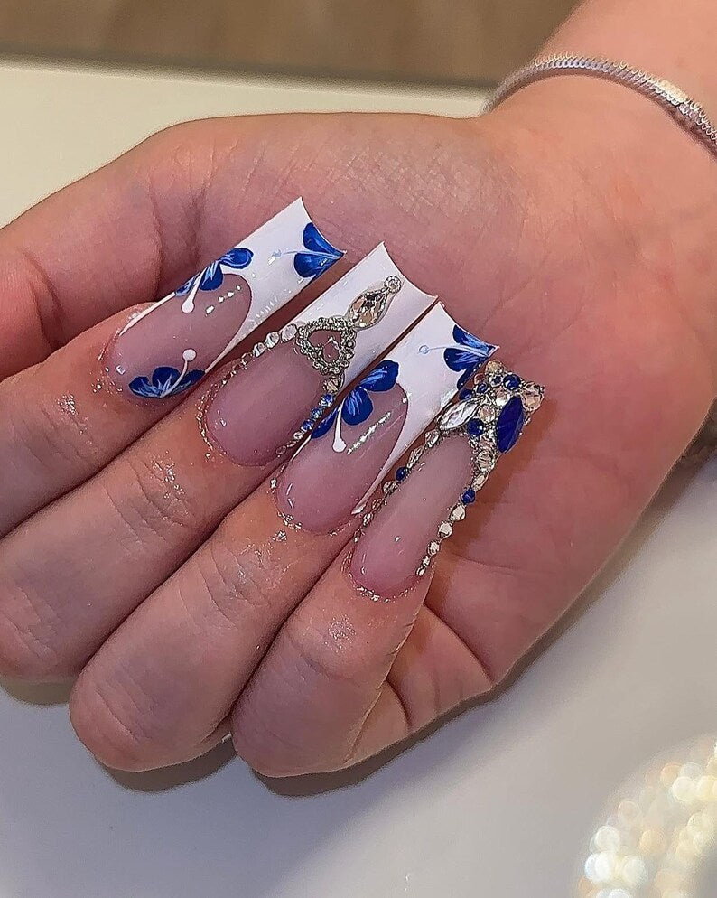 Glams Blue Press On Nails Long Square Nails | Blue Flower nails | Floral Nails | Elegant French Tip Nails | Daily Nails | Spring Nails