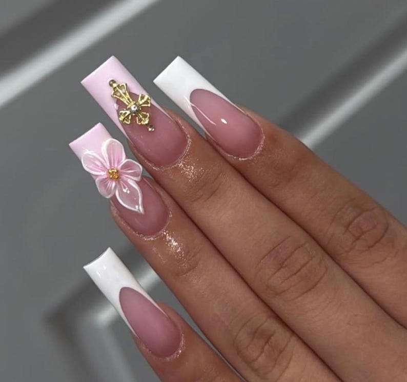 3D Floral Press On Nails: White French Tips, Cross Charm Design Nails, Long Square Nails, Handmade Nail Set