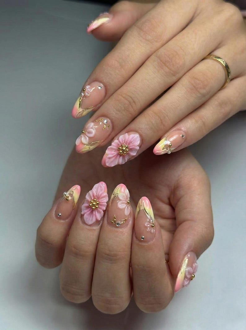 Pink Gold Floral Press On Nails | 3D Flower Stiletto Nails | Handmade Elegant Nail Art | Romantic Luxury Gift for Her