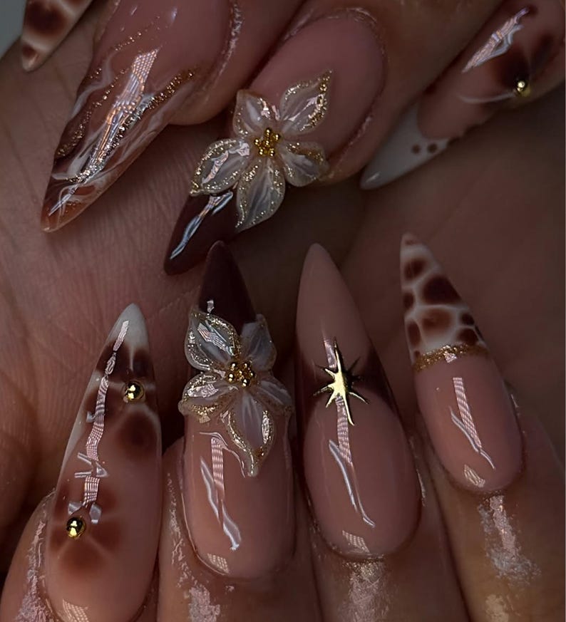 Luxury Autumn Brown Press On Nails | Mocha Gradient, Tortoiseshell & Star Accents | Handmade Nail Set