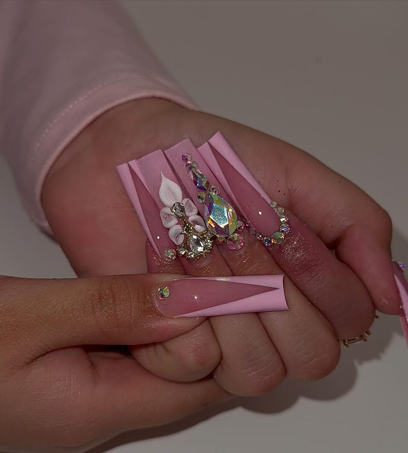 Handmade Luxury 3D Flower Deep V-Cut French Tip Long Square Press On Nails | Pink Bling Fake Nails | Rhinestone & French Nail Art