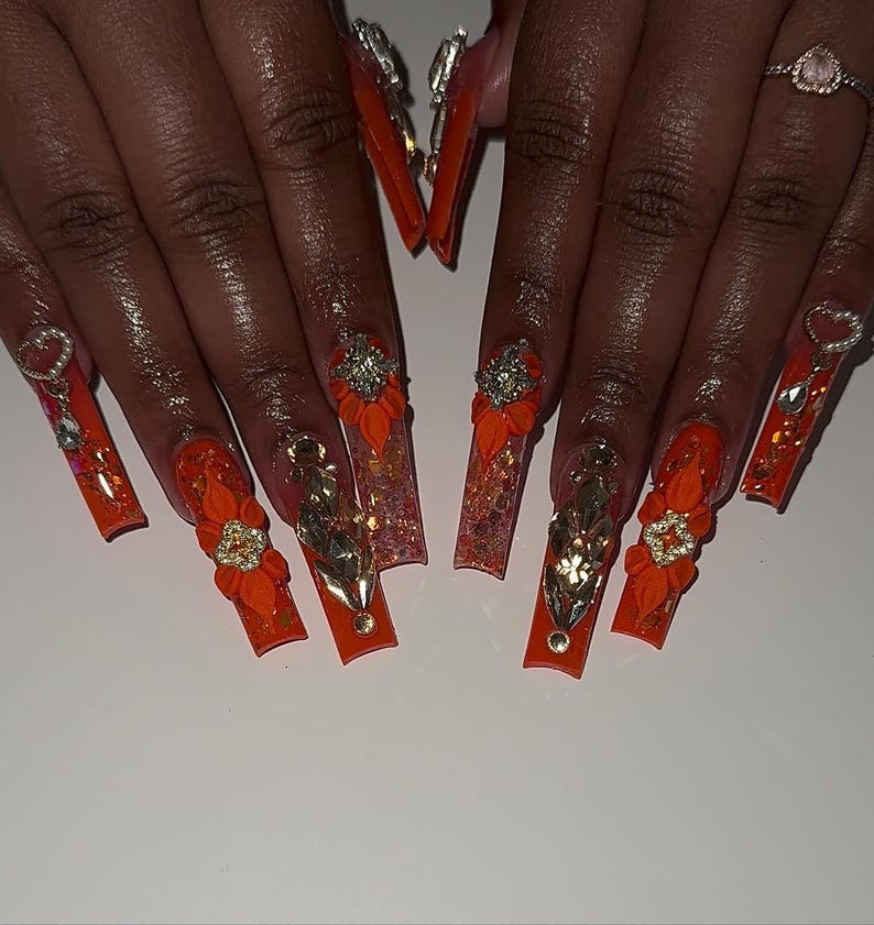 Luxury 3D Orange Flower & Crystal Heart Press On Nails | Vibrant Bling Glam Fake Nails | Rhinestone Floral Nail Art | Trendy Y2K Press Ons