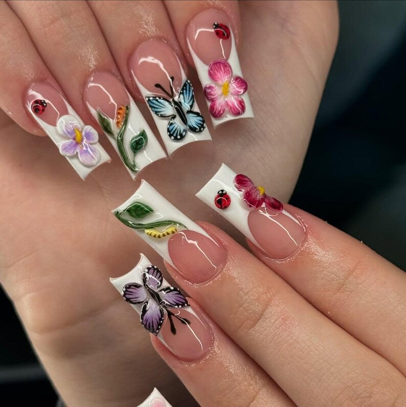3D Butterfly & Ladybug Press On Nails, Summer Garden French Tip Nails, Cute Ladybug Nails, Nature-Inspired Nails, Reusable Acrylic Nails