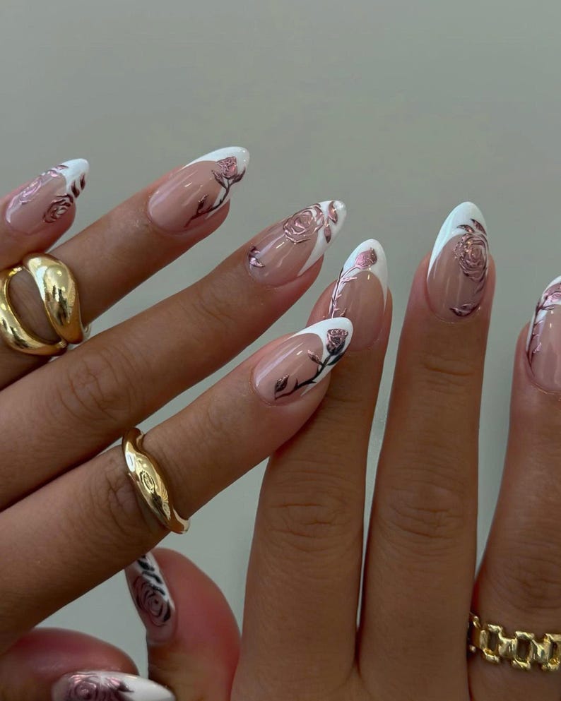 Romantic Rose Press On Nails, Elegant Handmade Press Ons with Pink Chrome Floral Nail Art, Luxury French Tips Nails, Special Occassion Nails
