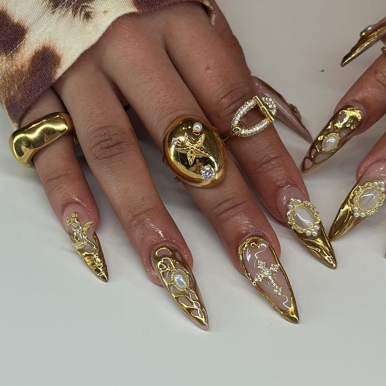 Luxury Gold Accents Press On Nail | Gilded Nail Art | Golden Glam Fake Nails | Stylish Nail Designs Acrylic Nails | Chic Nails