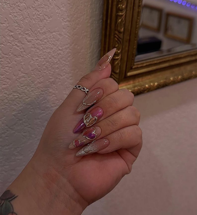 Pink Heart Chrome Press On Nails | Nude Pink & Gold French Tip Nail Art | Handmade Glam Press Ons | Handmade Aesthetic Nails