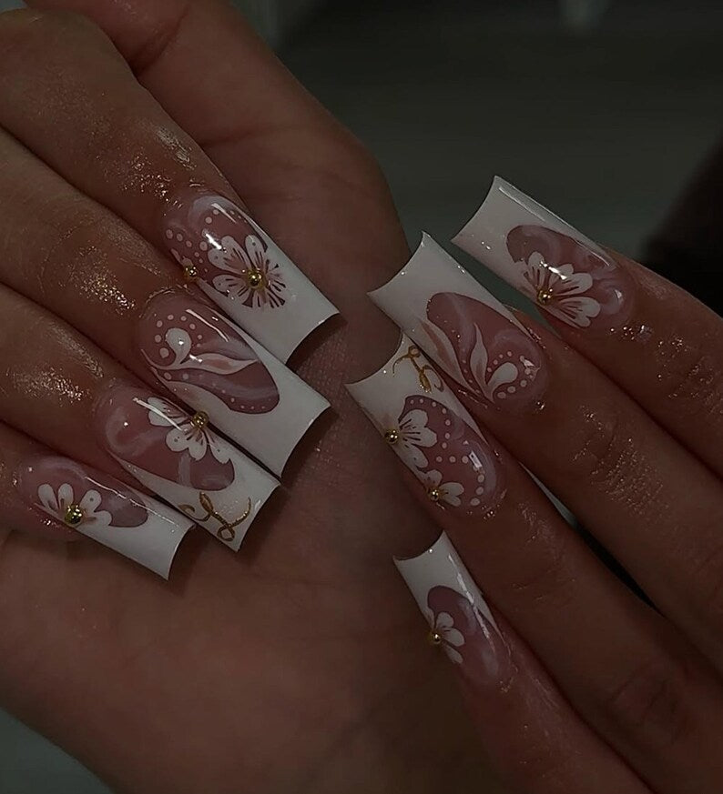 Elegant Blossom French Press On Nails | White & Pink Floral Nail Art | Long Square Handmade Luxury Set | Delicate 3D Flower Nails