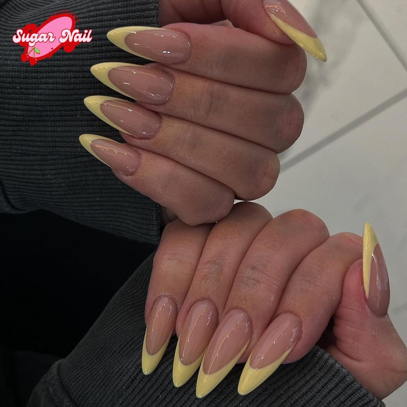 Soft Yellow French, Almond Press On Nails, Spring Pastel Nail, Flower Design, Elegant Handmade, False Tips, Reusable Nail Art Set, Holiday
